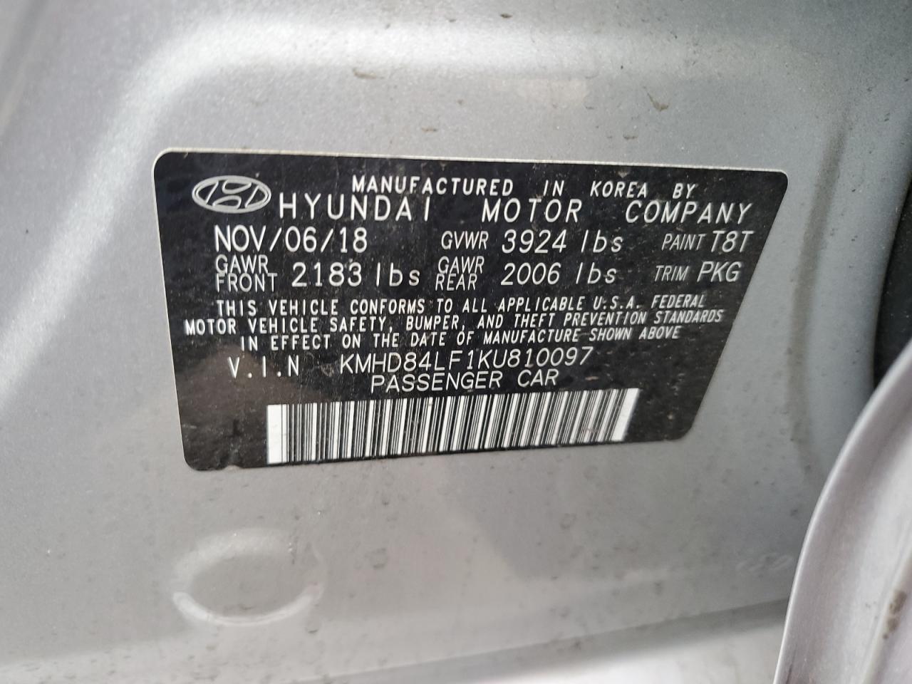 2019 Hyundai Elantra Sel VIN: KMHD84LF1KU810097 Lot: 81709425