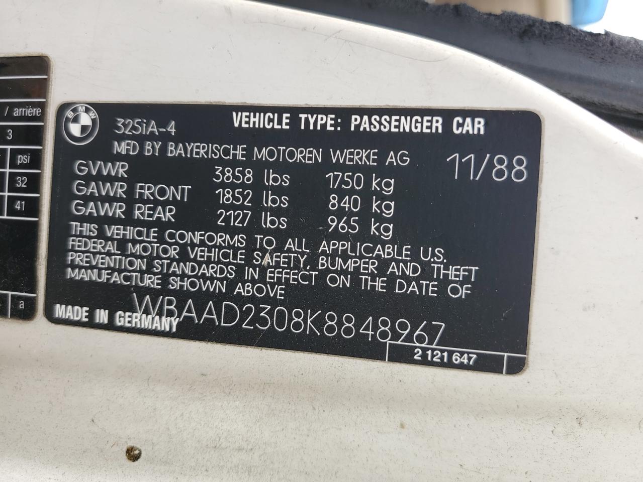 1989 BMW 325 I Automatic VIN: WBAAD2308K8848967 Lot: 82097665