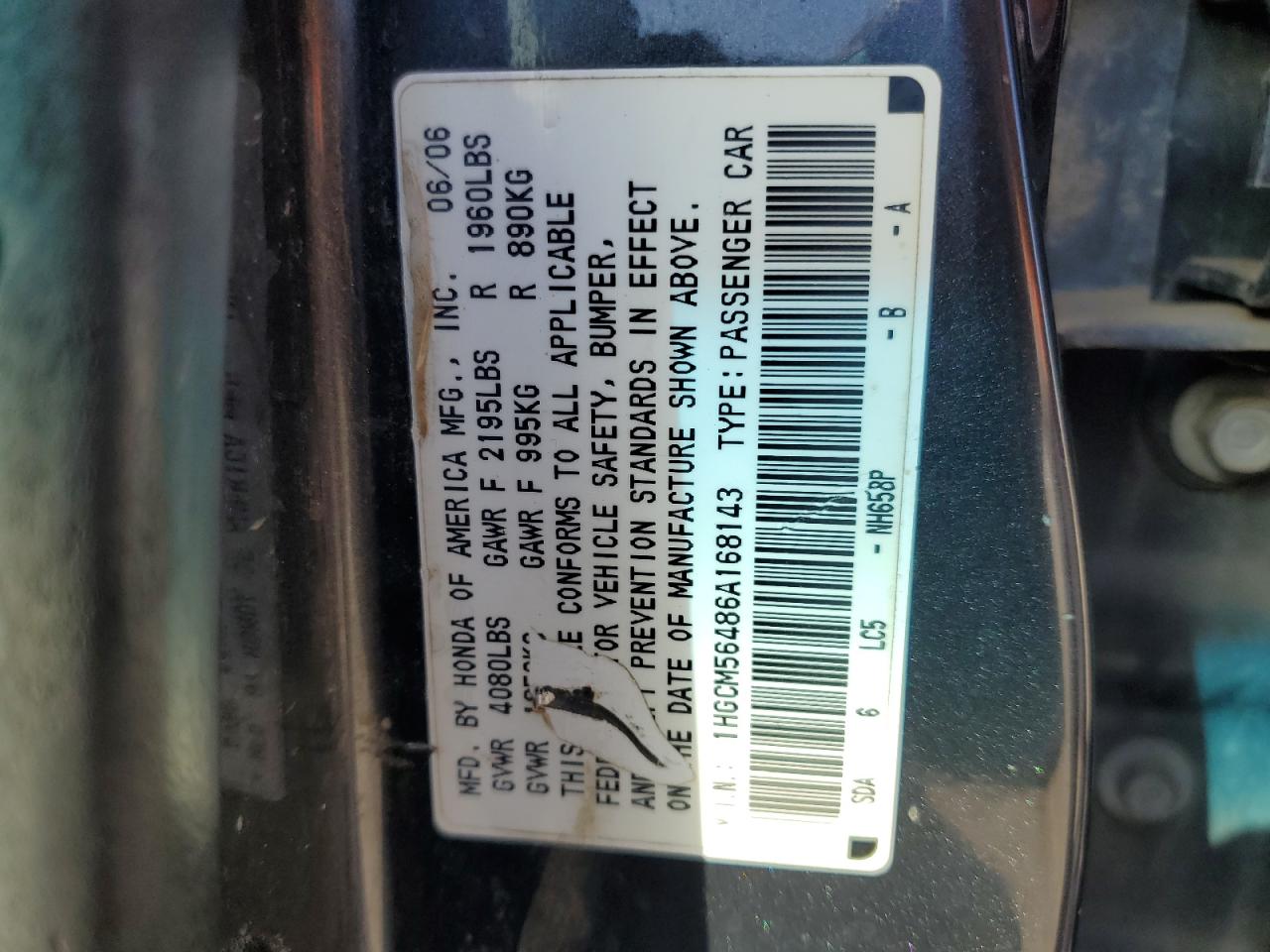 2006 Honda Accord Lx VIN: 1HGCM56486A168143 Lot: 80754345