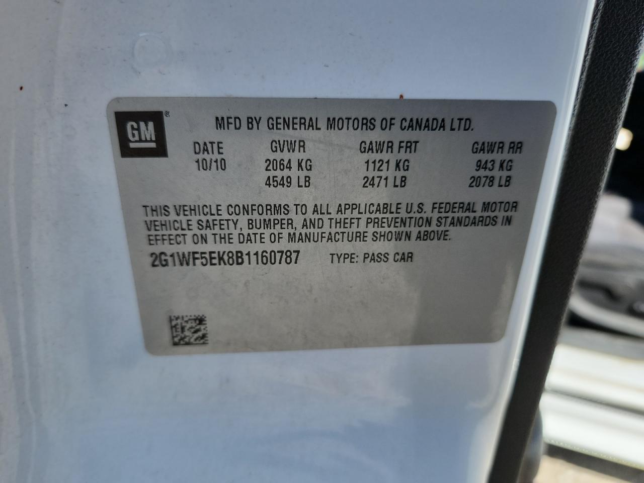 2011 Chevrolet Impala Ls VIN: 2G1WF5EK8B1160787 Lot: 80443835