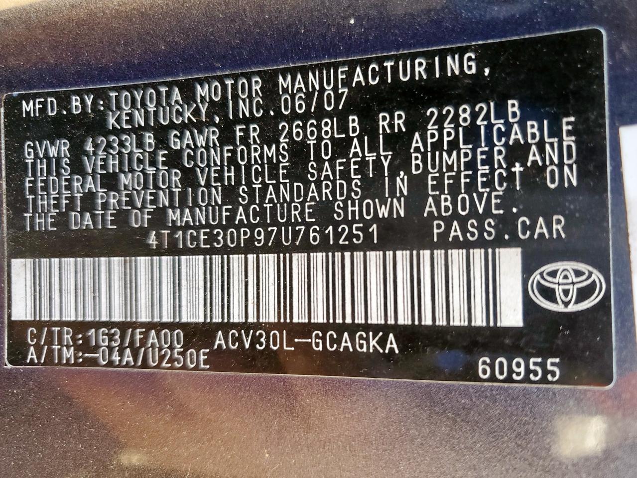 2007 Toyota Camry Solara Se VIN: 4T1CE30P97U761251 Lot: 71367015