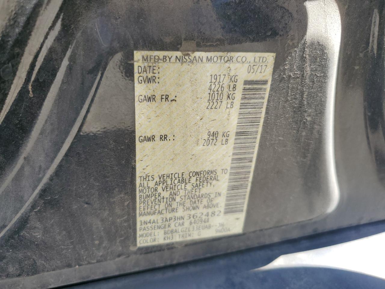 2017 Nissan Altima 2.5 VIN: 1N4AL3AP3HN362482 Lot: 84371585