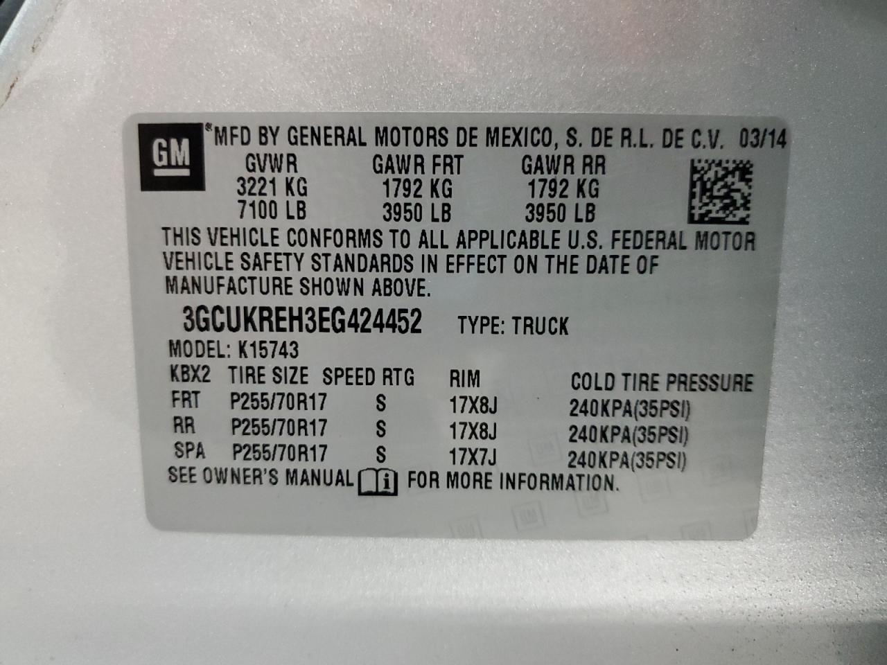 2014 Chevrolet Silverado K1500 Lt VIN: 3GCUKREH3EG424452 Lot: 84029025