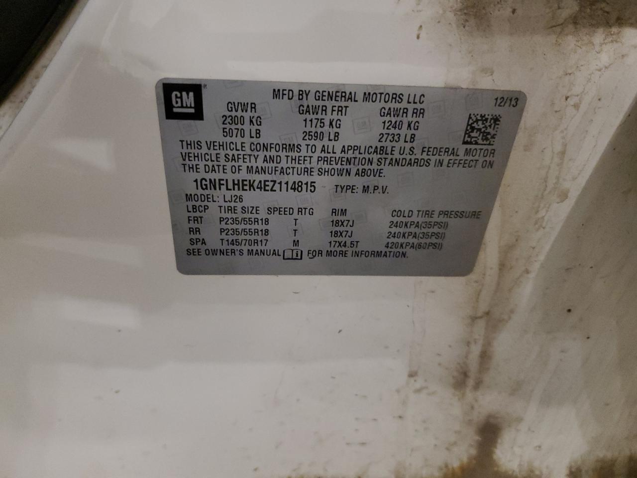 2014 Chevrolet Equinox Ltz VIN: 1GNFLHEK4EZ114815 Lot: 84216805