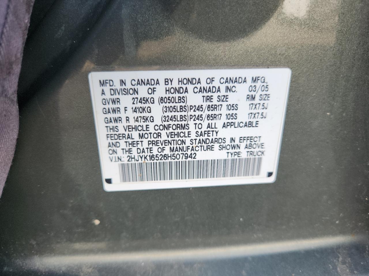 2006 Honda Ridgeline Rtl VIN: 2HJYK16526H507942 Lot: 72001365