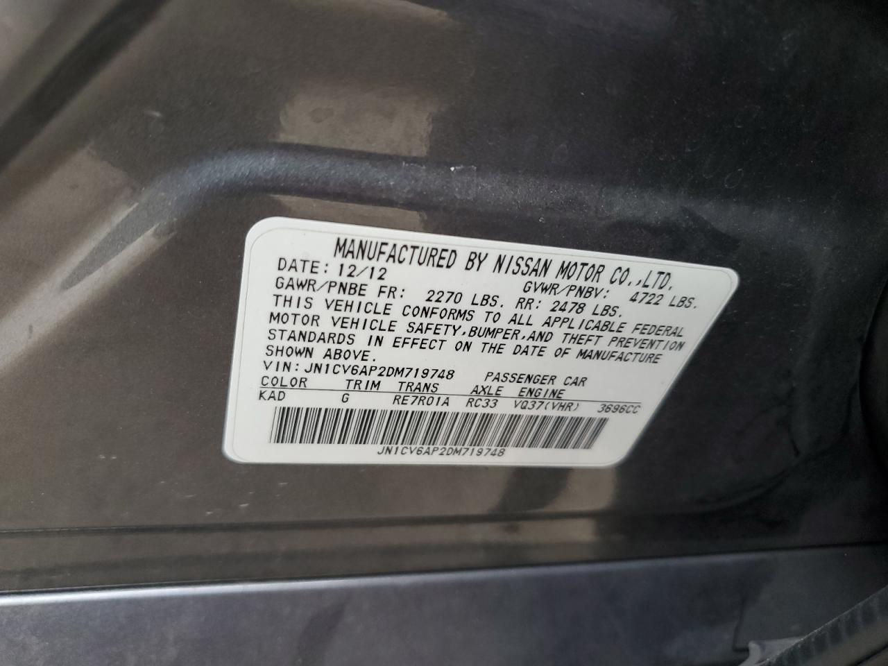 2013 Infiniti G37 Base VIN: JN1CV6AP2DM719748 Lot: 84293675
