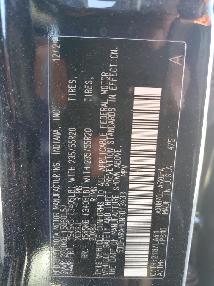 2022 Toyota Highlander Hybrid Platinum VIN: 5TDFARAH0NS013433 Lot: 81015455