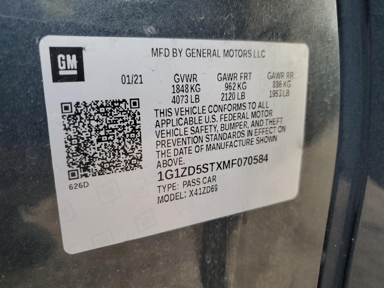 2021 Chevrolet Malibu Lt VIN: 1G1ZD5STXMF070584 Lot: 83995035