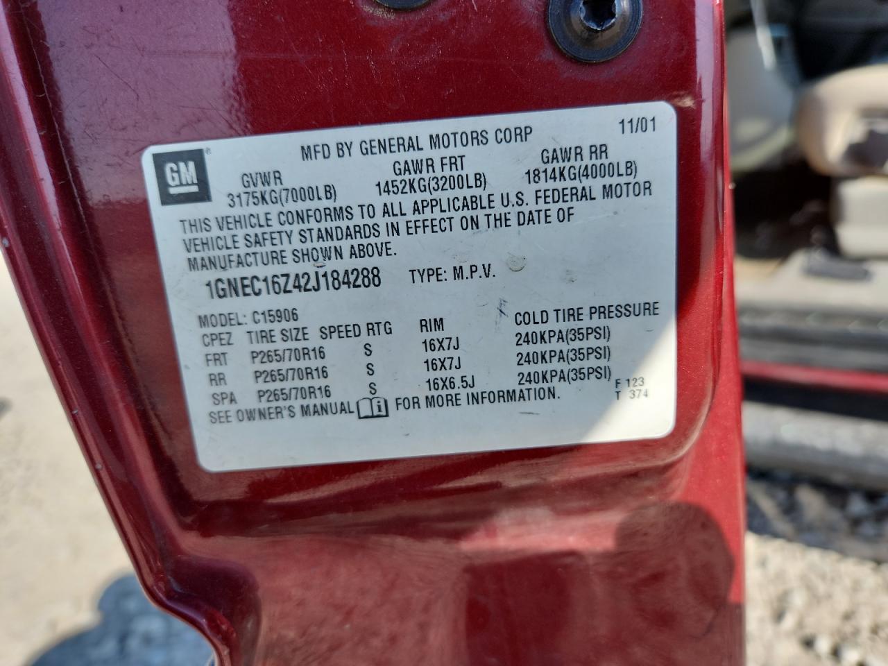 2002 Chevrolet Suburban C1500 VIN: 1GNEC16Z42J184288 Lot: 71084005