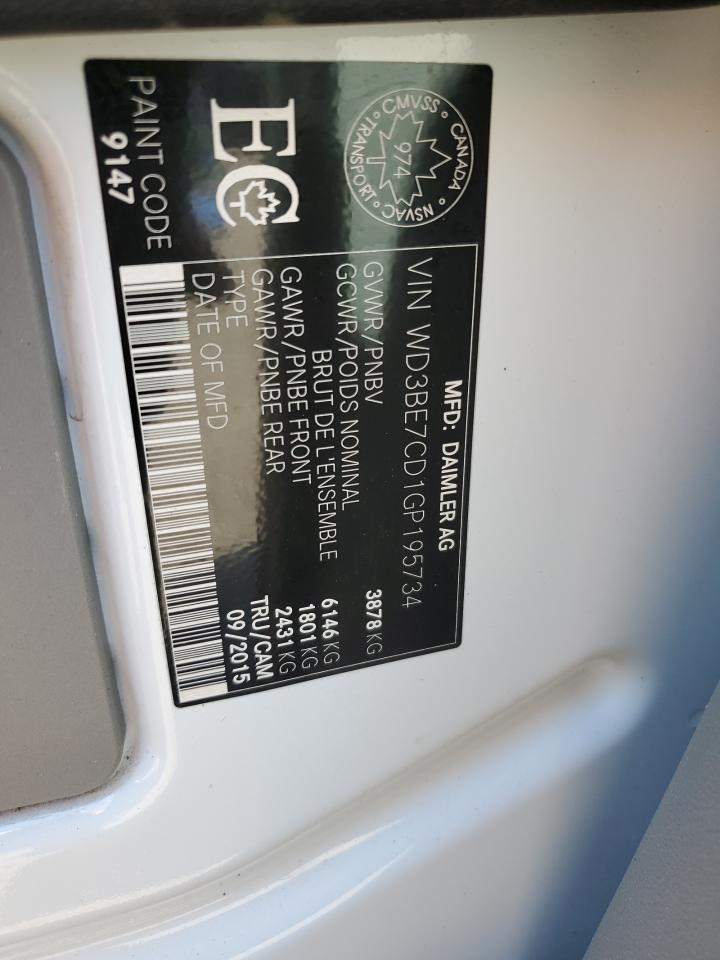 2016 Mercedes-Benz Sprinter 2500 VIN: WD3BE7CD1GP195734 Lot: 80072845