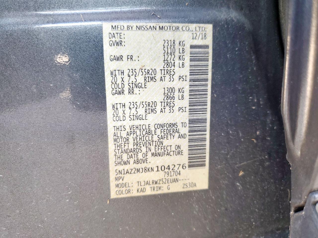 2019 Nissan Murano S VIN: 5N1AZ2MJ8KN104276 Lot: 82167215