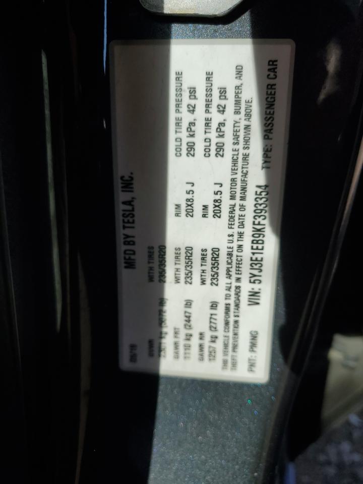 2019 Tesla Model 3 VIN: 5YJ3E1EB9KF393354 Lot: 71252045
