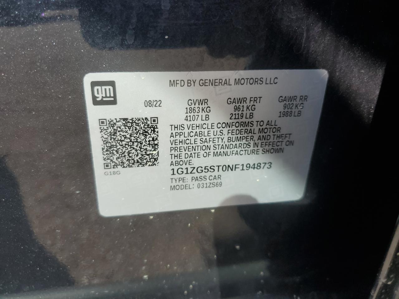 2022 Chevrolet Malibu Rs VIN: 1G1ZG5ST0NF194873 Lot: 84022055