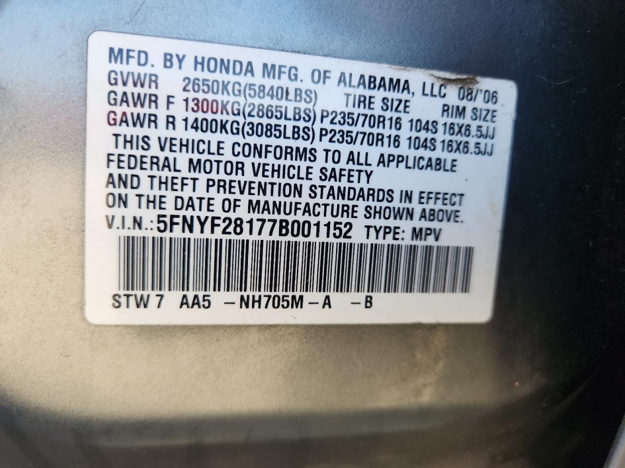 2007 Honda Pilot Lx VIN: 5FNYF28177B001152 Lot: 81486975