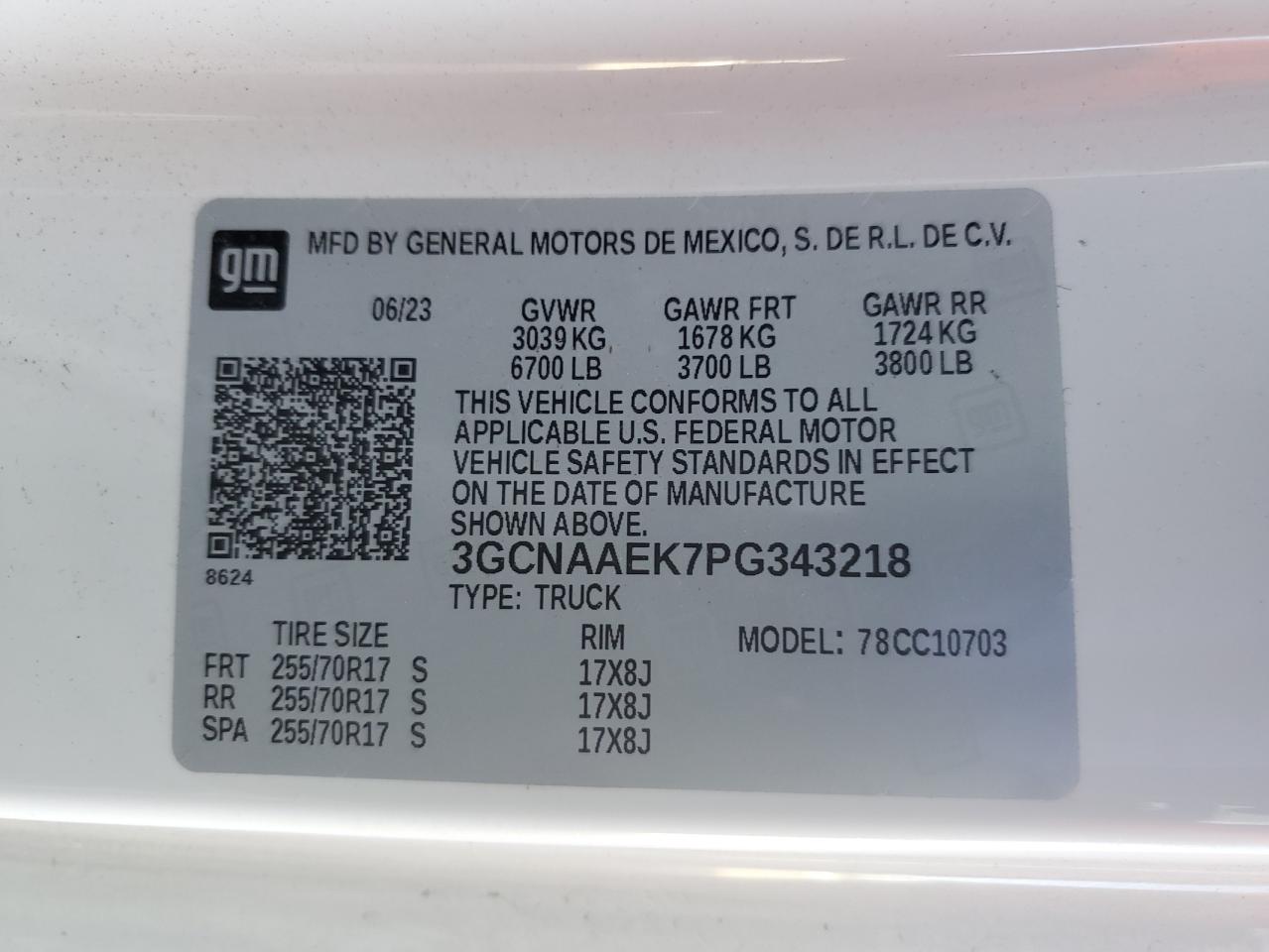 2023 Chevrolet Silverado C1500 VIN: 3GCNAAEK7PG343218 Lot: 84612235