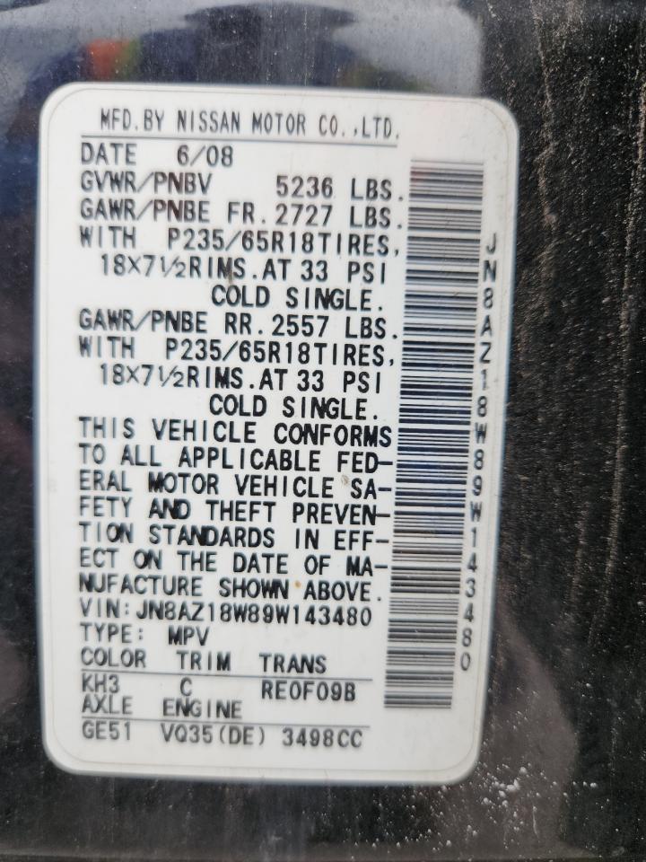 2009 Nissan Murano S VIN: JN8AZ18W89W143480 Lot: 80852085