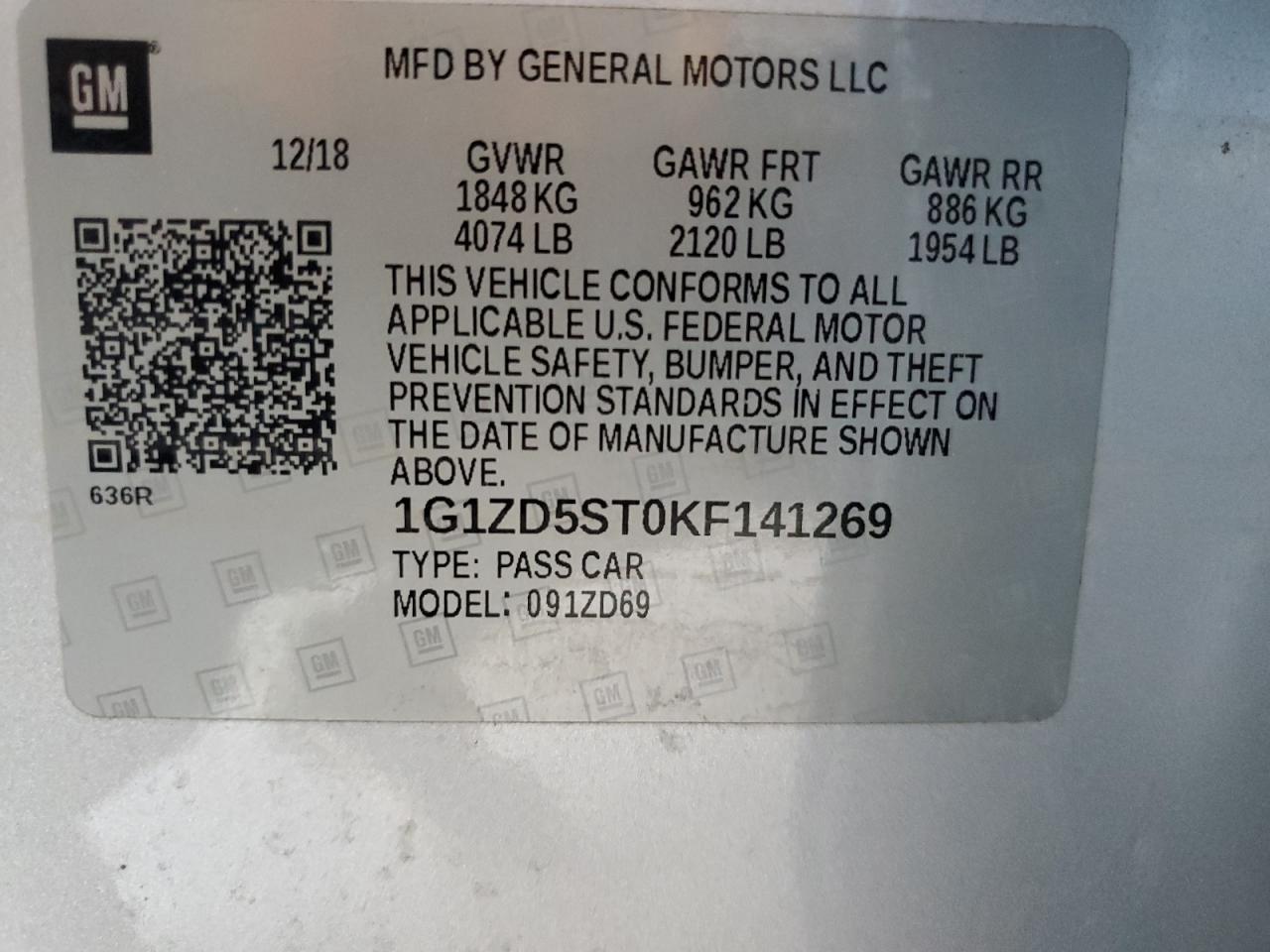 2019 Chevrolet Malibu Lt VIN: 1G1ZD5ST0KF141269 Lot: 71645725