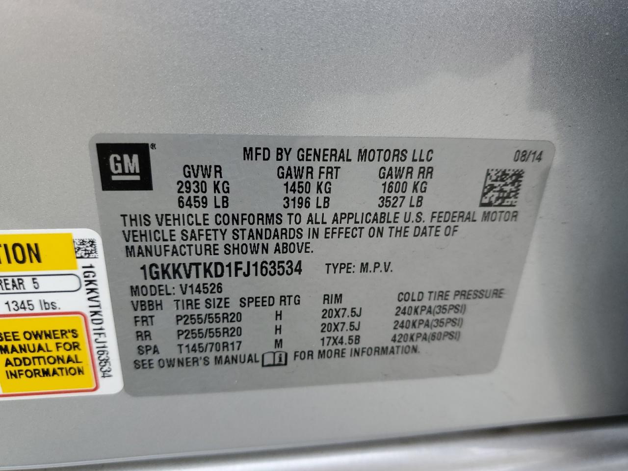 2015 GMC Acadia Denali VIN: 1GKKVTKD1FJ163534 Lot: 81780775