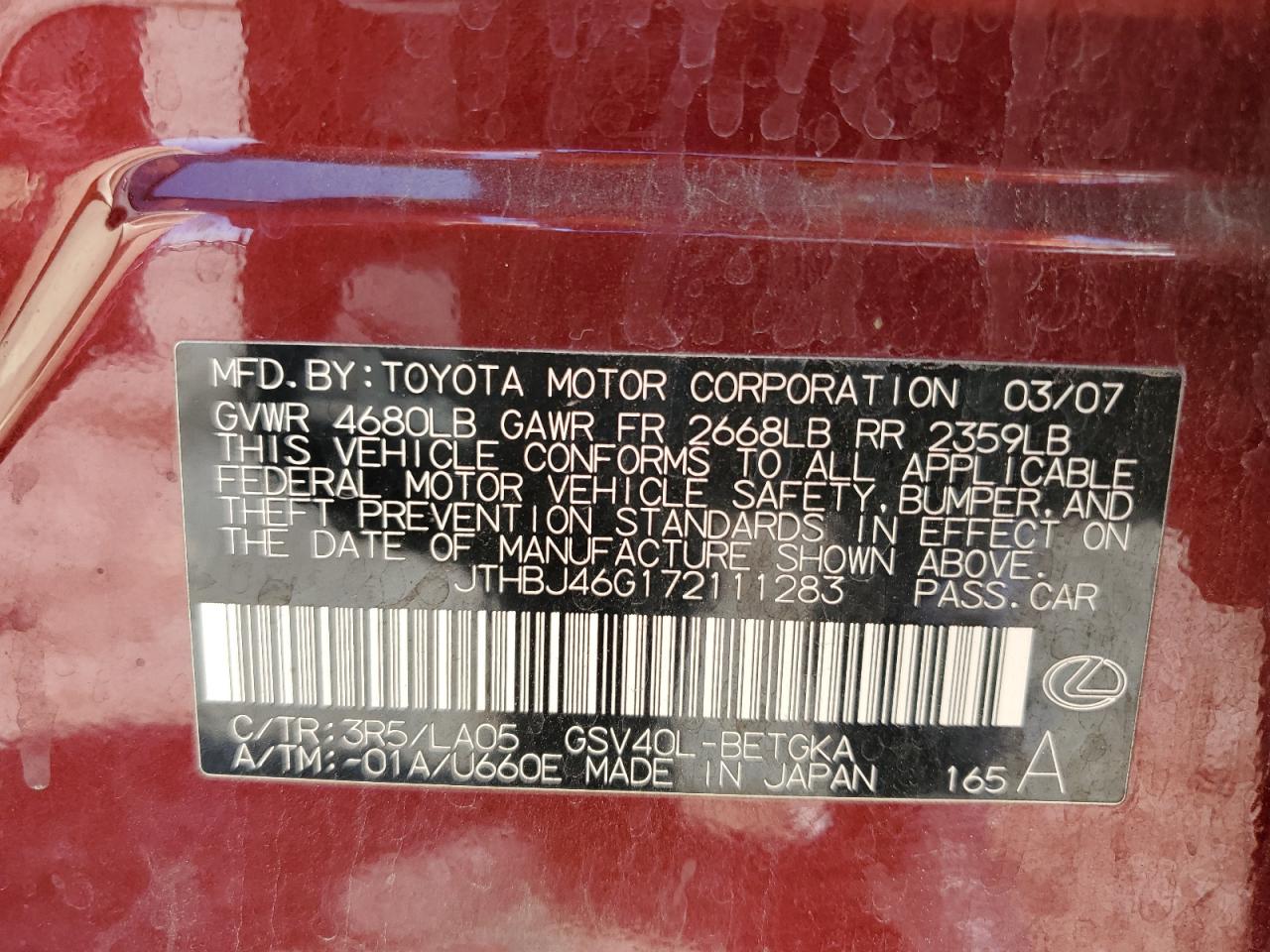 2007 Lexus Es 350 VIN: JTHBJ46G172111283 Lot: 81635485