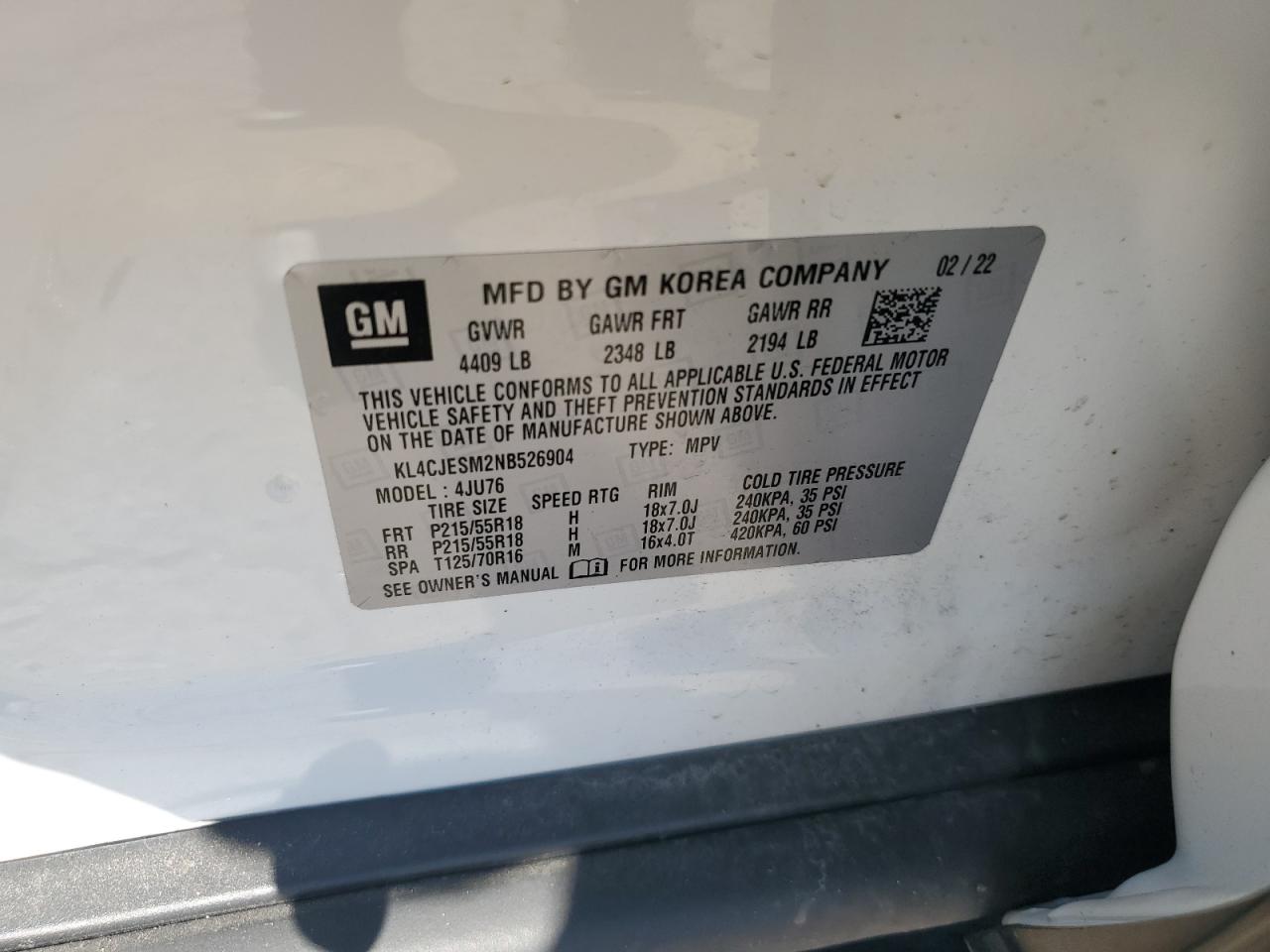 2022 Buick Encore Preferred VIN: KL4CJESM2NB526904 Lot: 81947515