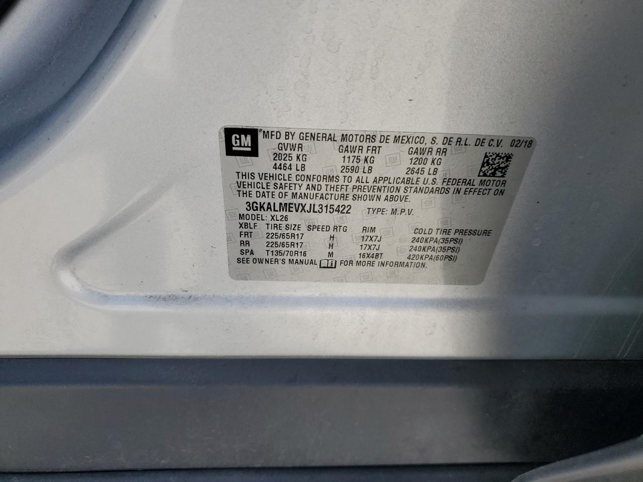 2018 GMC Terrain Sle VIN: 3GKALMEVXJL315422 Lot: 71775015