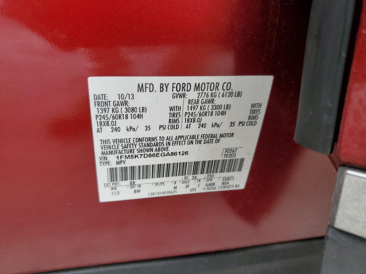 2014 Ford Explorer Xlt VIN: 1FM5K7D86EGA86126 Lot: 84611565