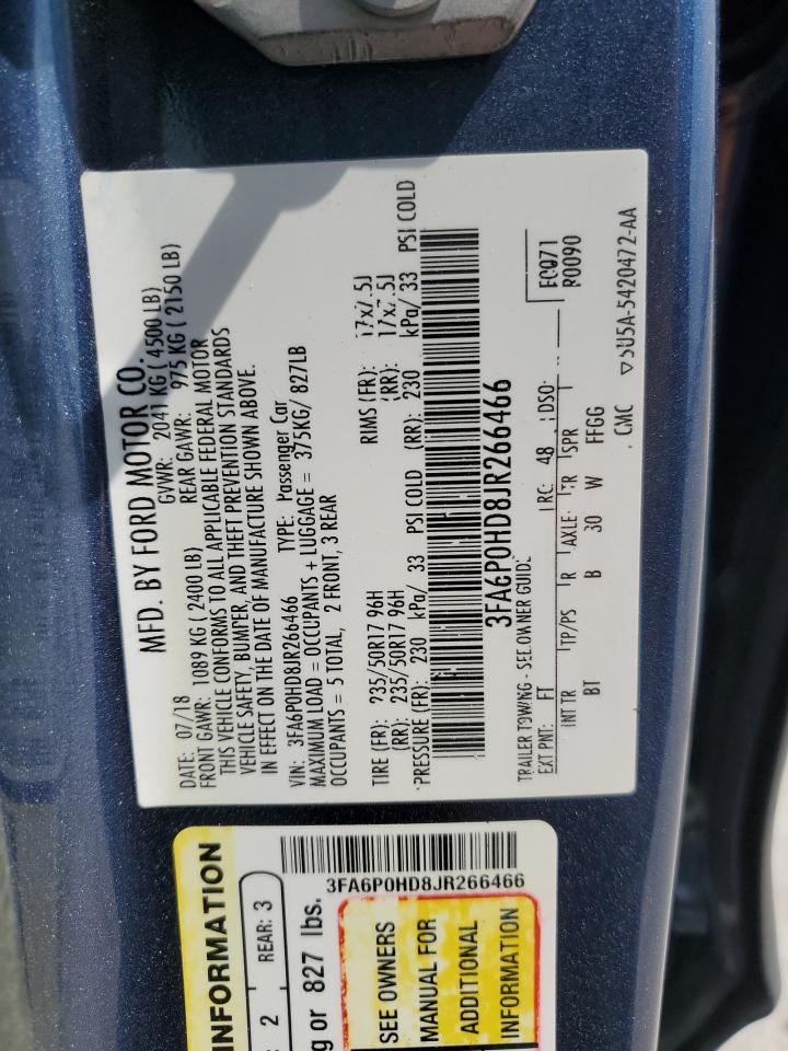 2018 Ford Fusion Se VIN: 3FA6P0HD8JR266466 Lot: 81064775