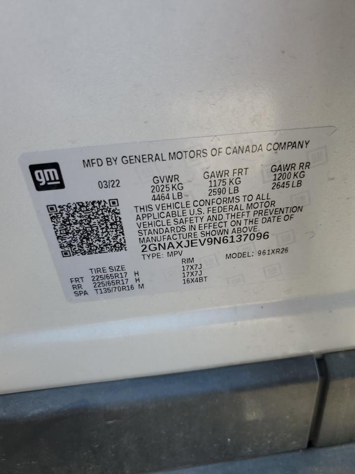 2022 Chevrolet Equinox Lt VIN: 2GNAXJEV9N6137096 Lot: 80998685