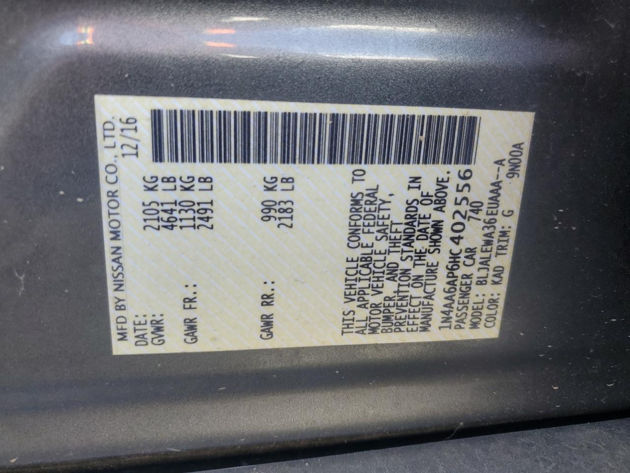 2017 Nissan Maxima 3.5S VIN: 1N4AA6AP6HC402556 Lot: 84354595