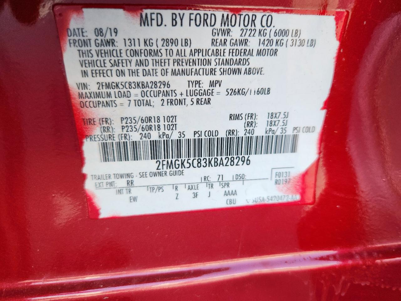 2019 Ford Flex Sel VIN: 2FMGK5C83KBA28296 Lot: 80134575