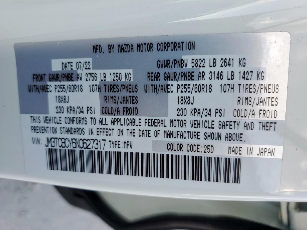 2022 Mazda Cx-9 Touring VIN: JM3TCBCY6N0627317 Lot: 84049565