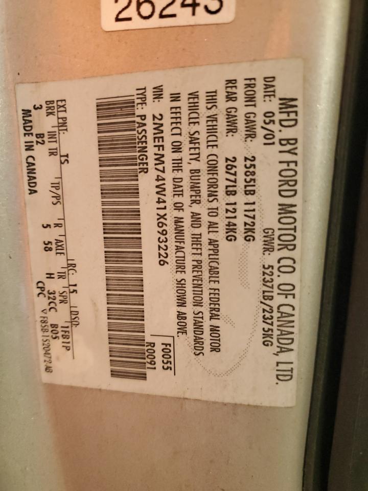 2001 Mercury Grand Marquis Gs VIN: 2MEFM74W41X693226 Lot: 84202545