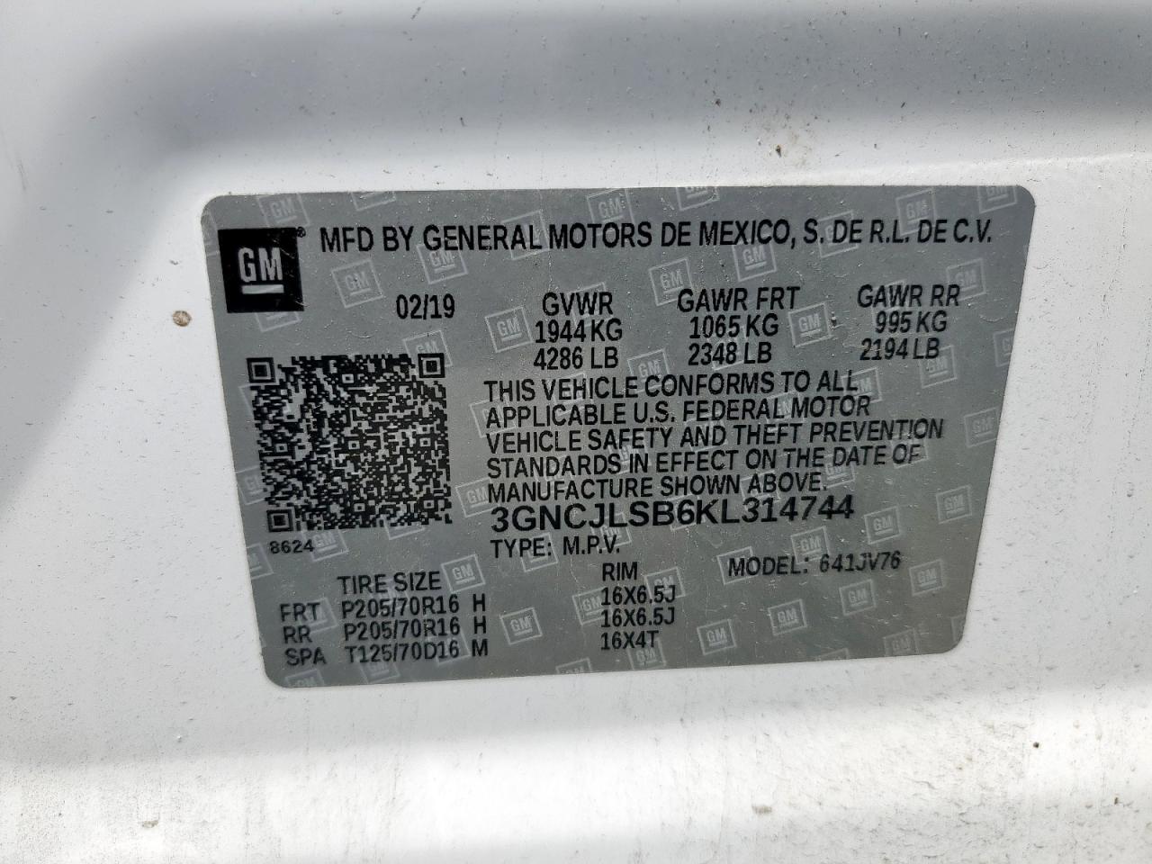 2019 Chevrolet Trax 1Lt VIN: 3GNCJLSB6KL314744 Lot: 80186185