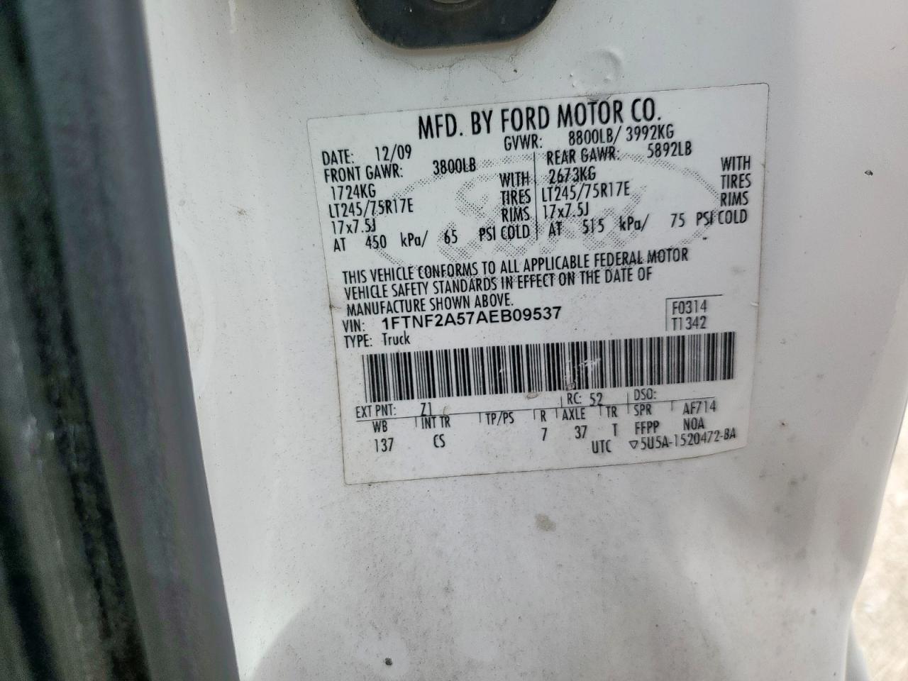 2010 Ford F250 Super Duty VIN: 1FTNF2A57AEB09537 Lot: 84638485