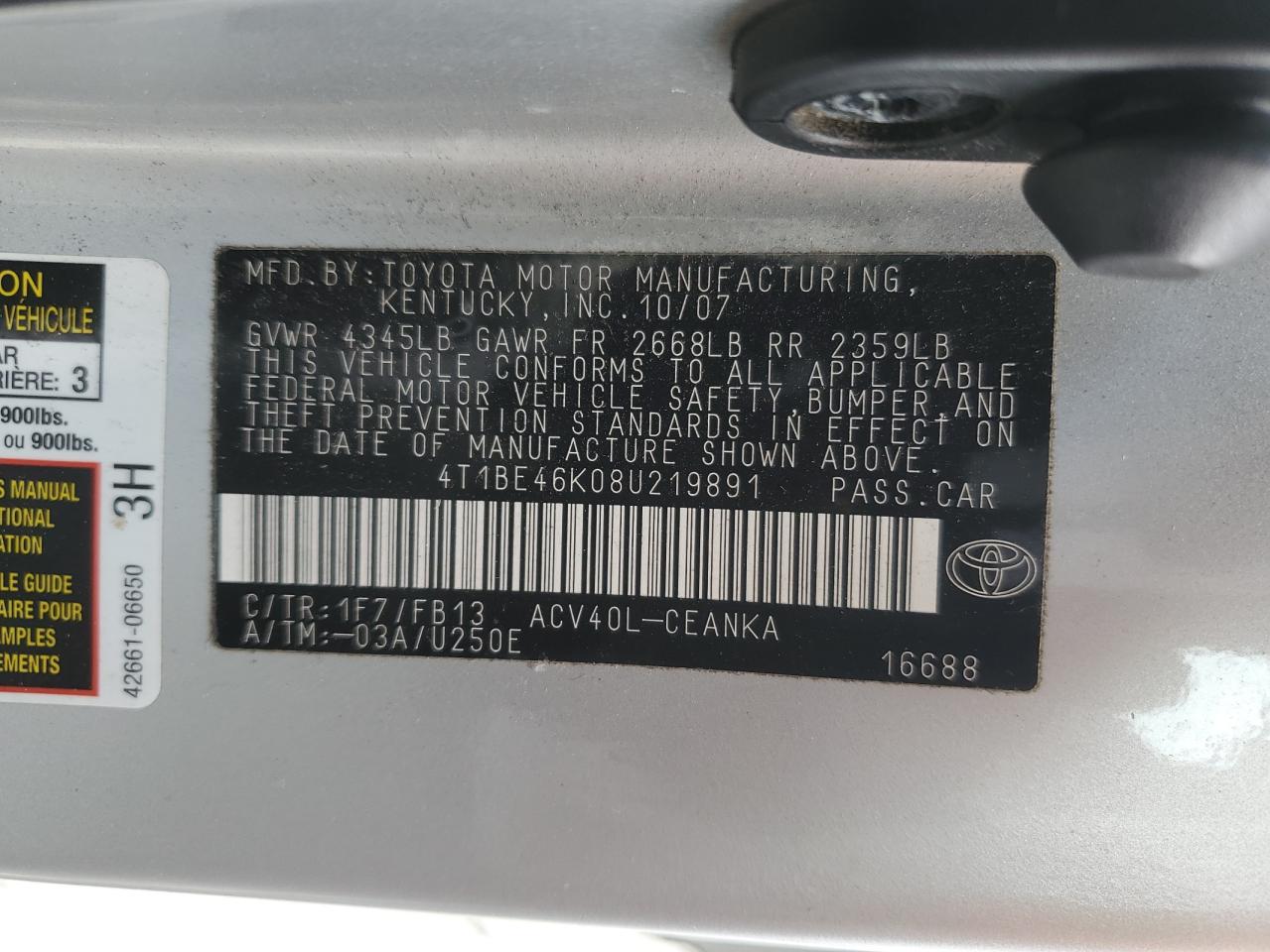 2008 Toyota Camry Ce VIN: 4T1BE46K08U219891 Lot: 71484015