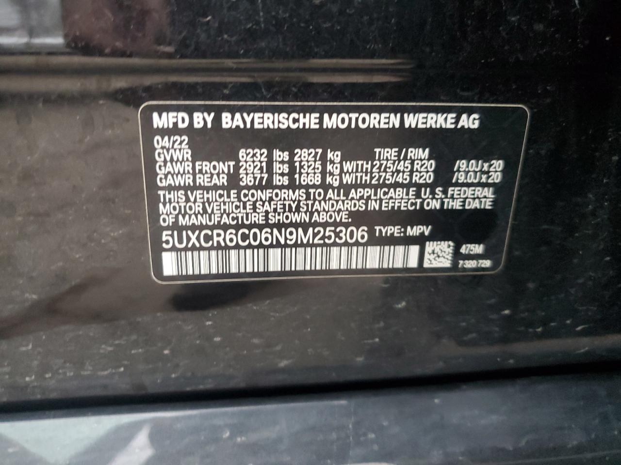 2022 BMW X5 xDrive40I VIN: 5UXCR6C06N9M25306 Lot: 81669575