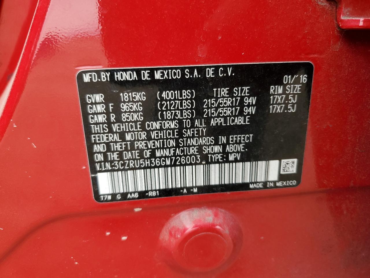 2016 Honda Hr-V Lx VIN: 3CZRU5H36GM726003 Lot: 80405755