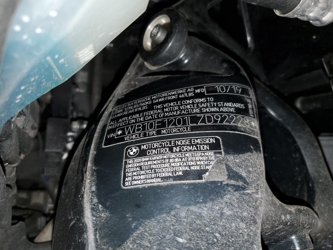 2020 BMW K1600 Gtl VIN: WB10F1201LZD92228 Lot: 80791485