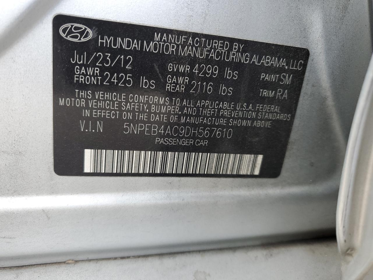 2013 Hyundai Sonata Gls VIN: 5NPEB4AC9DH567610 Lot: 71649015