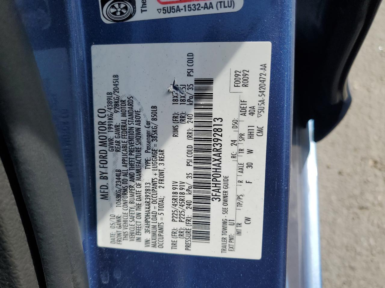 2010 Ford Fusion Se VIN: 3FAHP0HAXAR392813 Lot: 81693225