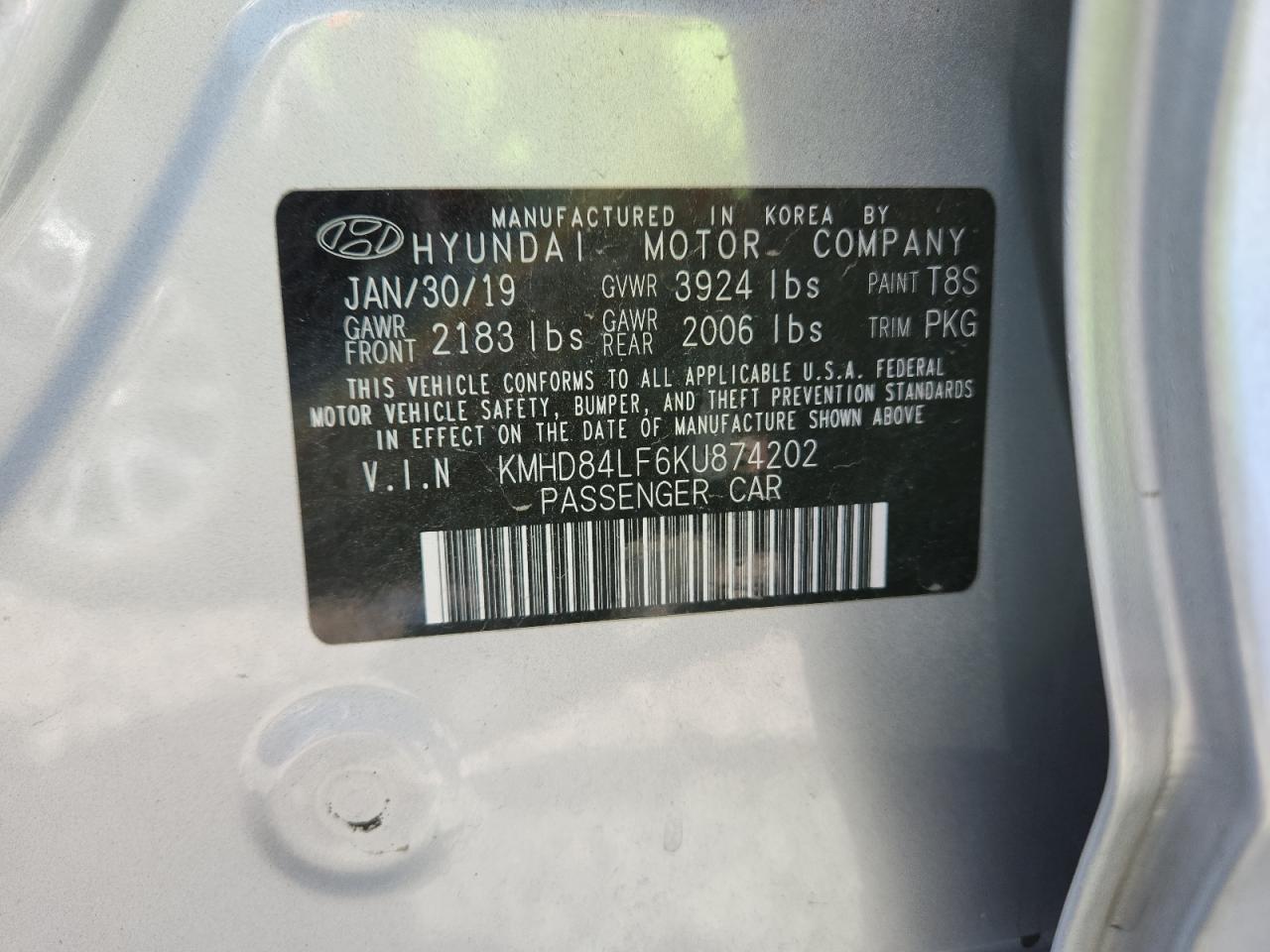 2019 Hyundai Elantra Sel VIN: KMHD84LF6KU874202 Lot: 80675165