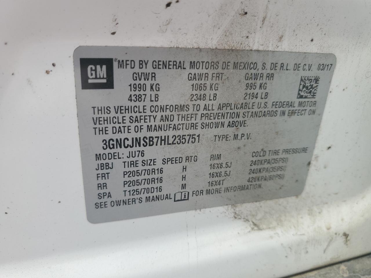 2017 Chevrolet Trax Ls VIN: 3GNCJNSB7HL235751 Lot: 71168625