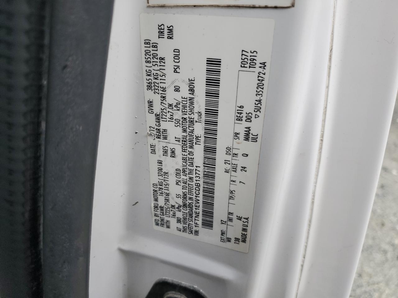 2012 Ford Econoline E150 Van VIN: 1FTNE1EW1CDB13771 Lot: 80465385