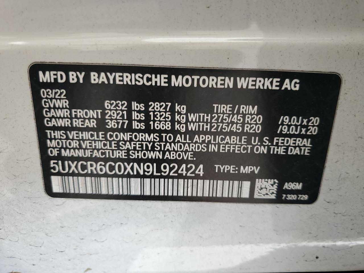 2022 BMW X5 xDrive40I VIN: 5UXCR6C0XN9L92424 Lot: 81297665