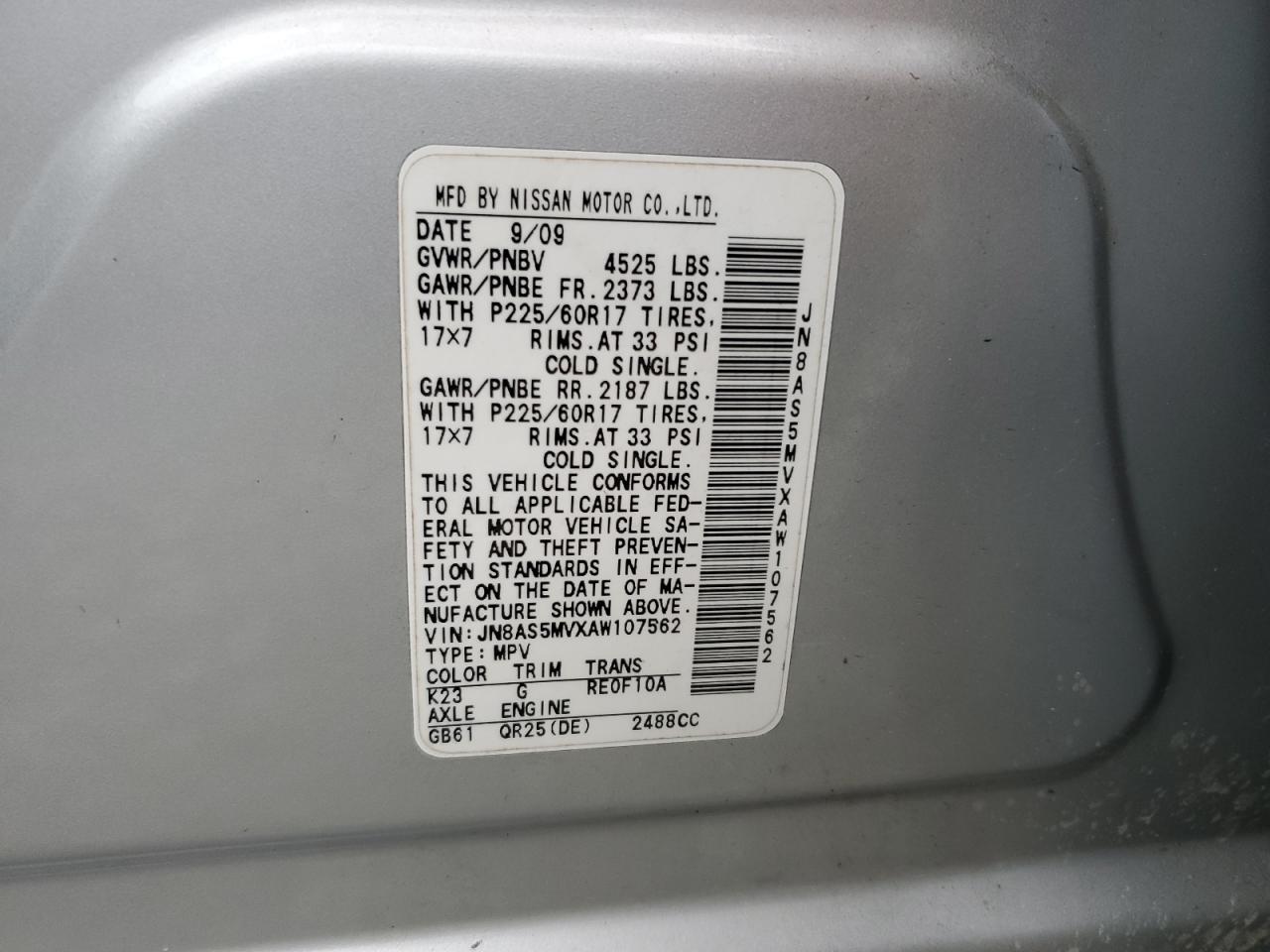 2010 Nissan Rogue S VIN: JN8AS5MVXAW107562 Lot: 81304445