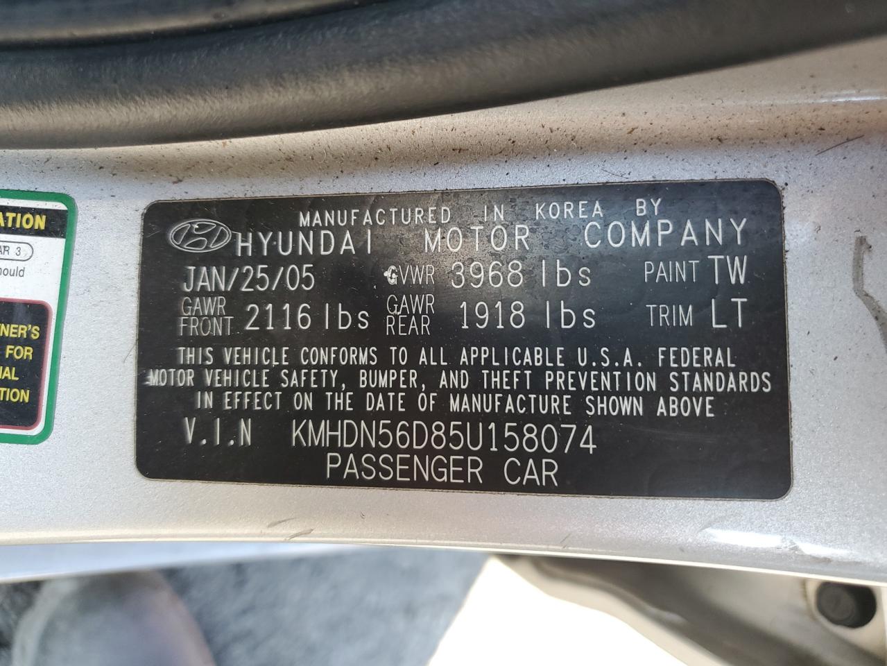2005 Hyundai Elantra Gls VIN: KMHDN56D85U158074 Lot: 83863435