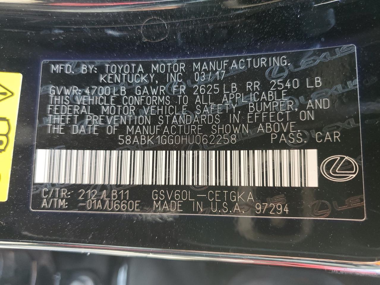 2017 Lexus Es 350 VIN: 58ABK1GG0HU062258 Lot: 80442235