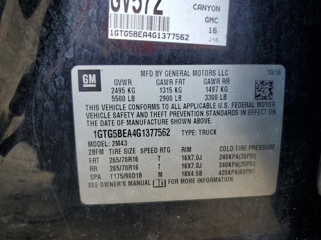 2016 GMC Canyon VIN: 1GTG5BEA4G1377562 Lot: 83802725