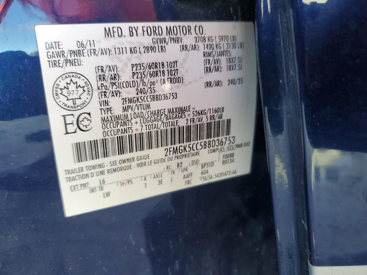 2011 Ford Flex Sel VIN: 2FMGK5CC5BBD36753 Lot: 80254555