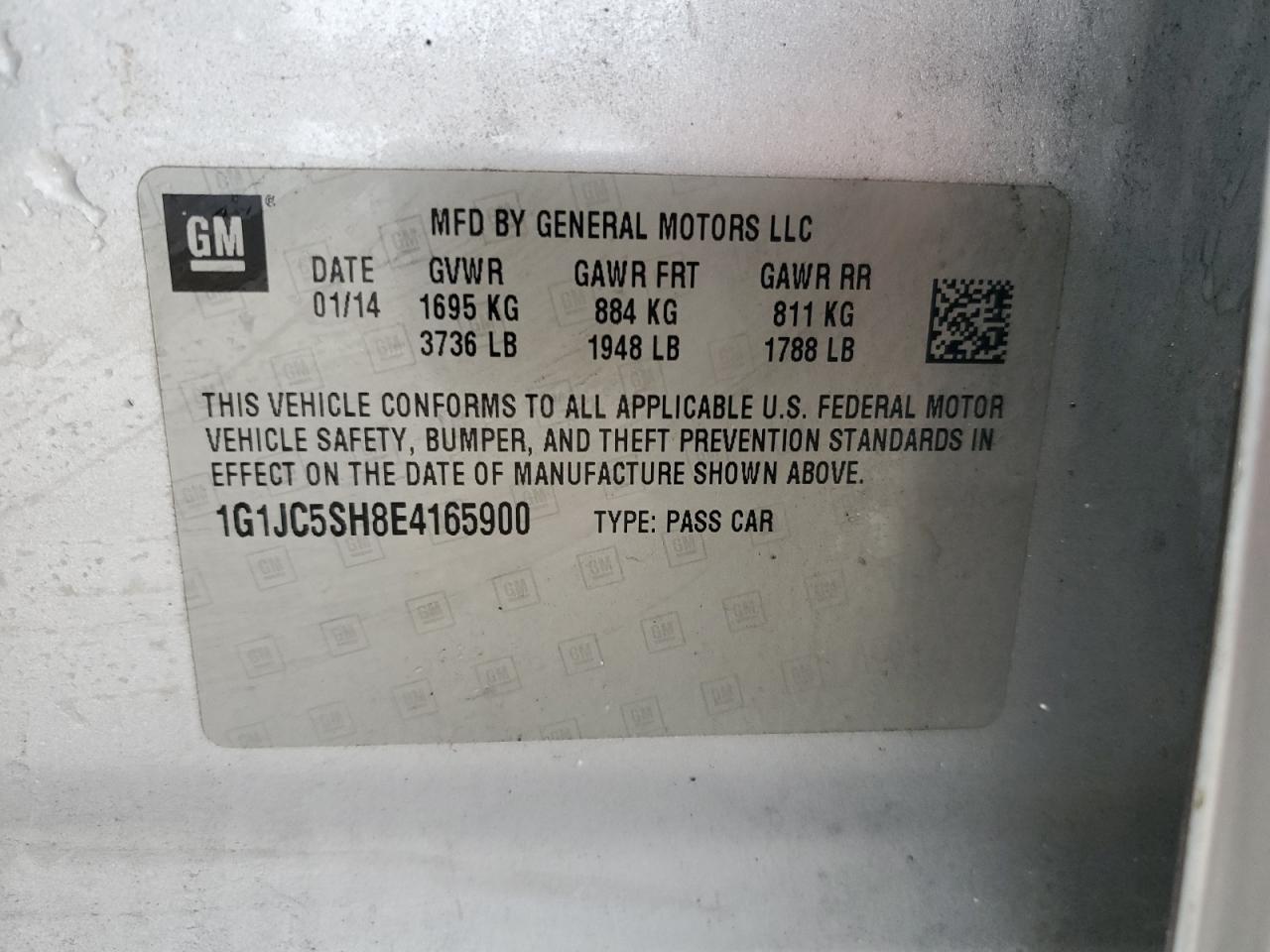 2014 Chevrolet Sonic Lt VIN: 1G1JC5SH8E4165900 Lot: 80882605